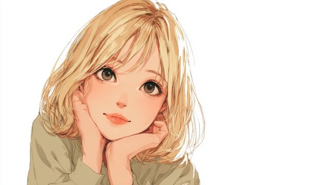 Cute minimal innocent girl, blonde hair, big soft eyes, round mochi face, white background