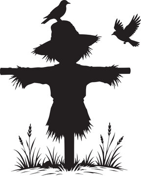 scarecrow silhouette with birds in a field and wheat grass vector illustration
