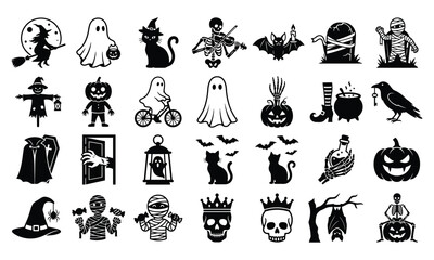 Fototapeta premium Creepy Halloween characters and elements solid glyph icon set