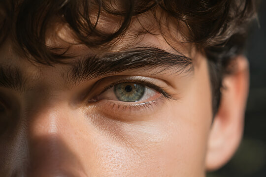 Detailed close-up portrait of a human green eye framed by dark hair, capturing focus, emotion, perception, and natural facial texture.