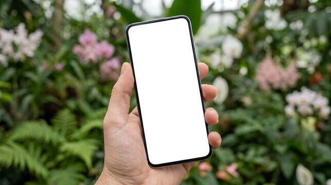 Hand holding phone blank white screen mockup nature flower plant