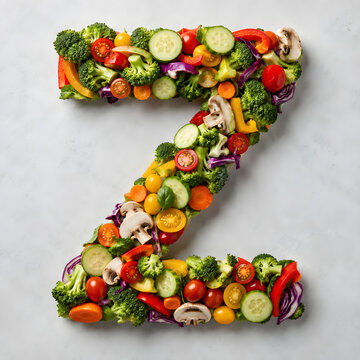 Fresh broccoli, cucumber, tomatoes, peppers and mushrooms arranged into the letter Z for a healthy food alphabet concept.