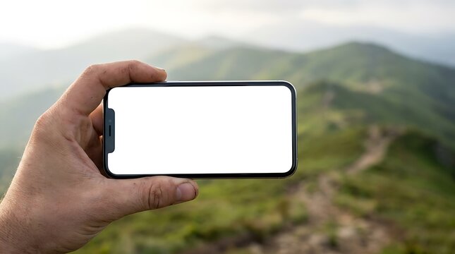 Hand holding phone blank white screen mockup mountain nature hike