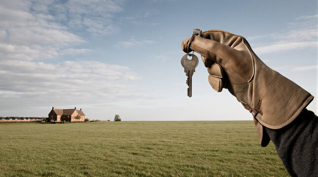 Falconry glove holding key with mews home and training field in background