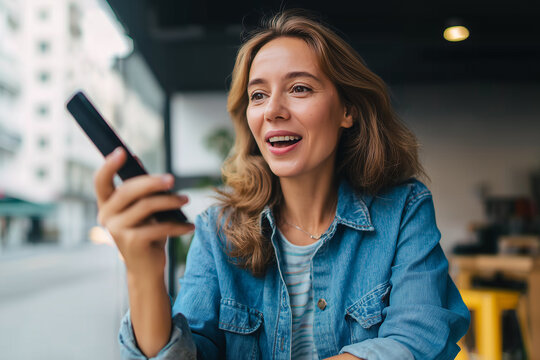 Woman holding a smartphone in hand dictating recording a voice note