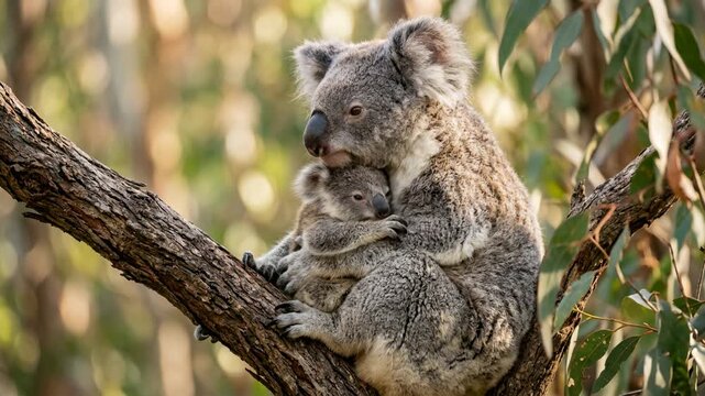 koala mother with little one close up on a eucalyptus tree at morning light in new south wales australia video