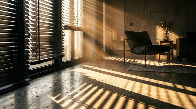 Cinematic Sunlight Rays in a Minimalist Industrial Interior with Black Armchair and Concrete Floor