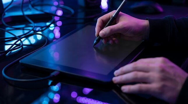 Designer using stylus pen on digital graphics tablet.