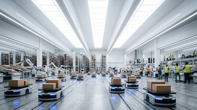 Automated Smart Warehouse Autonomous Mobile Robots Moving Cardboard Boxes