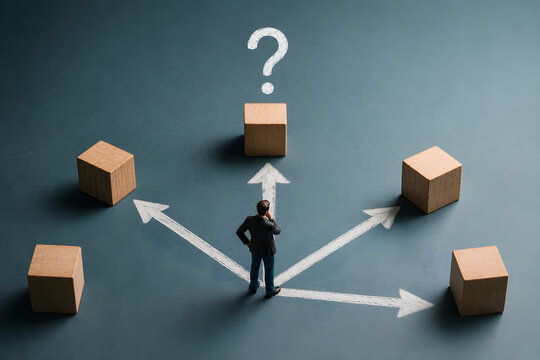 A thoughtful businessman stands before multiple arrows and pathways, facing uncertainty and choices while searching for the right direction and solution.
