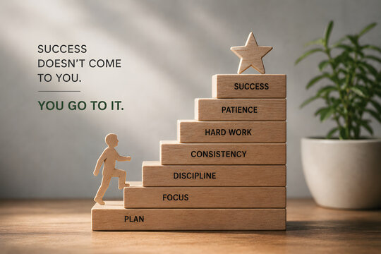A wooden figure climbs blocks labeled plan, focus, discipline, consistency, hard work, patience, and success, illustrating the path to achievement.
