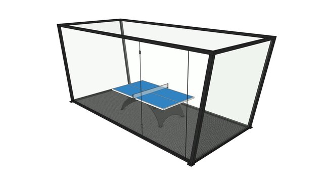 3D Isometric View Glass Enclosed Table Tennis Court 3/4 Perspective Illustration