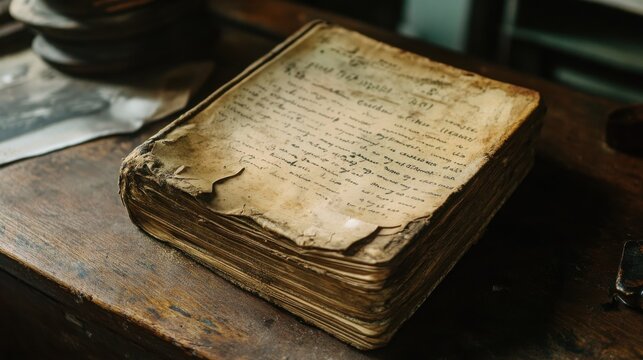 Ancient tome with heavily aged, dog-eared pages and a worn leather binding rests closed on a dark, polished wooden surface, conveying a strong sense of historical depth and unexplored narratives.
