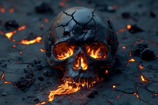 Cracked skull oozing molten lava in a dark, surreal landscape