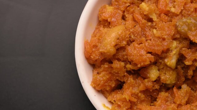 Gajar Halwa Carrot Dessert Overhead Top View With Side Space
