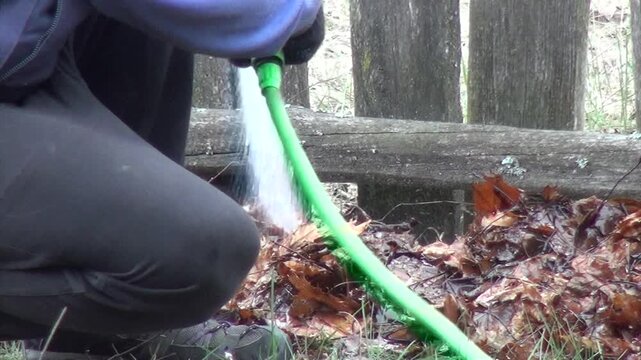 No-dig garden bed preparation. Man watering compost made of autumn leaves lying on cardboard. Close-up_