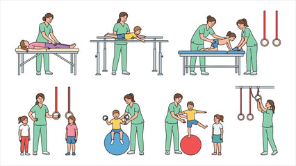 Fototapeta premium Pediatric Physical Therapy and Childhood Rehabilitation Outline Illustration Set – Female Specialists in Mint Green Scrubs Guiding Kids through Gymnastic Ring and Balance Exercises