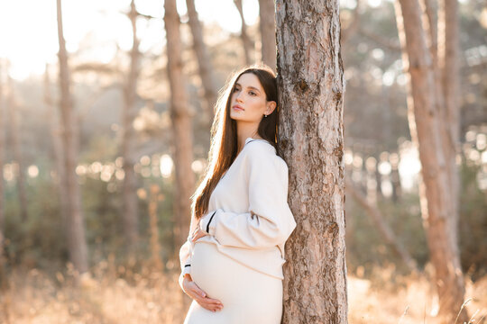 Pregnant woman 30-34 year old wearing knitted maternity clothes posing outdoors over autumn nature background. Motherhood.
