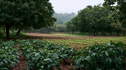 Obraz premium Rows of young green plants grow in orderly lines across a misty tree lined agricultural field under soft overcast skies