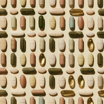 Grid of assorted capsules and tablets on a cream background, featuring a matte and translucent texture for wellness and pharmacy concepts
