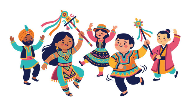 Diverse children dancing in traditional ethnic clothing.