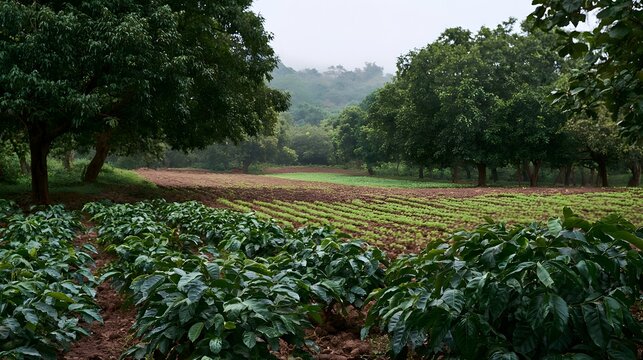 Rows of young green plants grow in orderly lines across a misty  tree lined agricultural field under soft overcast skies