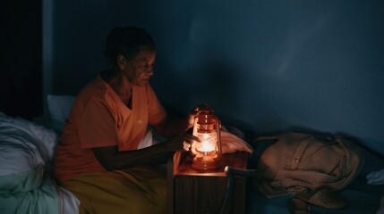Obraz premium Lantern glowing on a nightstand as a senior Black woman reaches for it in a dark bedroom, evoking a sense of dignity and home safety