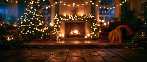 Naklejka premium Dark wood plank ledge with copy space in a cozy festive room, featuring a glowing fireplace and Christmas tree for holiday banners