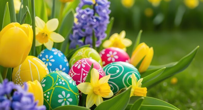 Brightly painted easter eggs peek out from behind vibrant spring flowers in a lush green backyard garden bathed in soft morning sunlight, eggs, nature, holiday