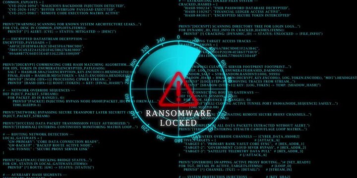 Hacking code scrolling up with flashing ransomware locked radar on black background