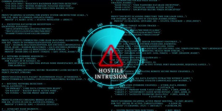 Hacking code scrolling up with flashing hostile intrusion radar on black background