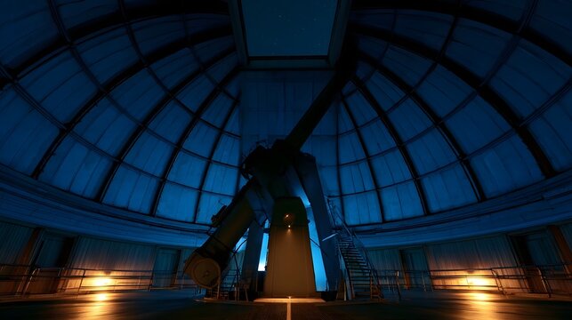 A large telescope stands inside a domed observatory at night  with stars visible through the open roof and warm lights illuminating the floor