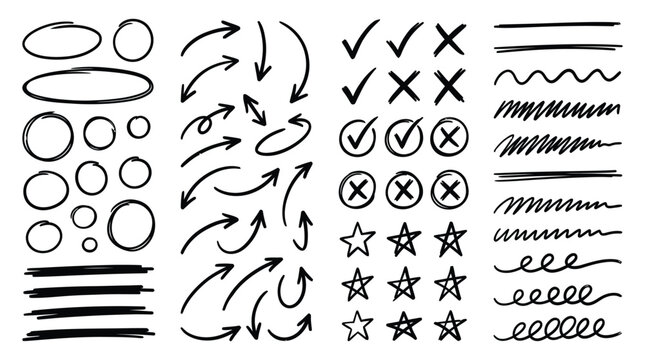 Arrow vector line icon set. Hand drawn brush sketch arrow line curve up, down shape chalk texture element set. Abstract grunge scribble chalk crayon style. Vector illustration  