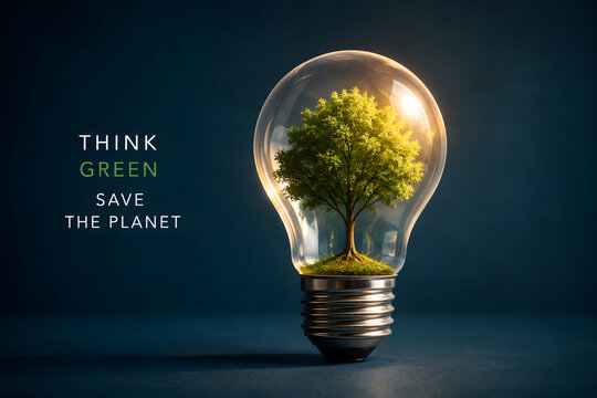A thriving green tree inside a glowing light bulb symbolizes renewable energy, environmental innovation, sustainability, and protecting the planet.