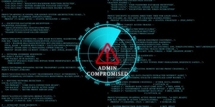 Hacking code scrolling up with flashing admin compromised radar on black background