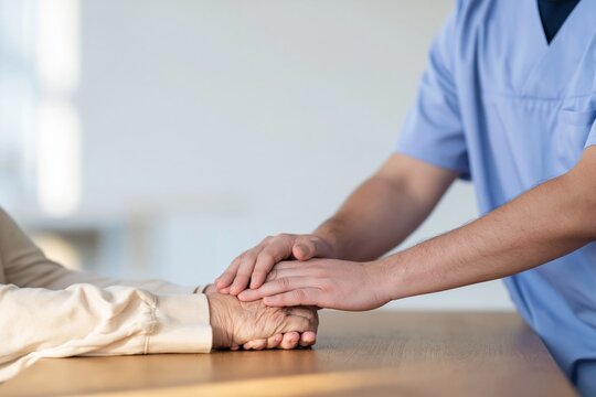 Healthcare worker in grey scrubs holding a patient's hand on a wooden table, a gentle and compassionate gesture for patient care and medical support