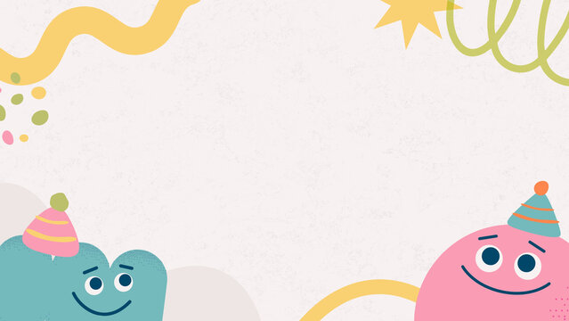 Cute doodle monsters party background presentation with party hats and squiggles