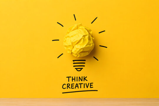 A crumpled yellow paper ball shaped like an idea appears as a glowing light bulb, representing creativity, innovation, and problem solving.