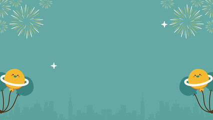 Teal fireworks night sky background presentation with cute smiling planet balloons © SADANAN