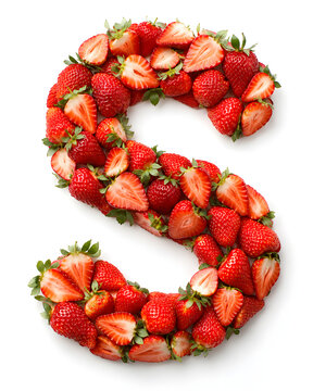 Bright red whole and sliced strawberries form a large letter C, creating a fresh fruit alphabet concept on white.