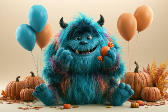 Cheerful Blue Monster Holding Candy at Halloween Party