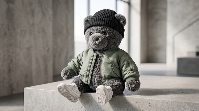 Urban streetwear teddy bear in bomber jacket and beanie. Cool plush toy in olive green coat and sneakers. Hipster stuffed animal.