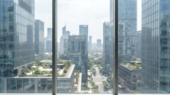 Blurred view of modern city skyscrapers through a large office window.