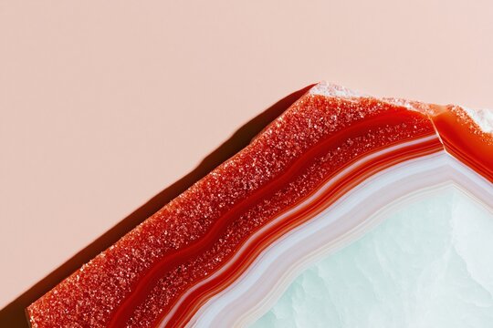 Red agate geode slice with crystalline textures and layered bands, featuring a sharp shadow on a soft peach background for luxury branding and copy space