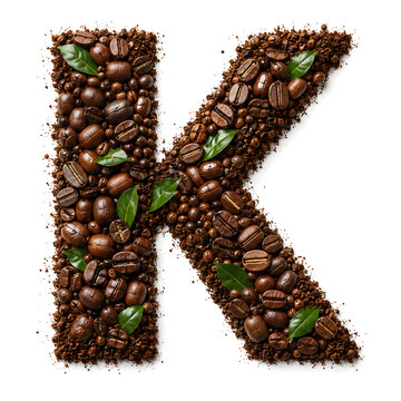 Creative alphabet letter A formed from roasted coffee beans, grounds, and green leaves on a clean white background.