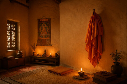 An Indian ashram room with an orange robe on the wall, lit by candlelight.
