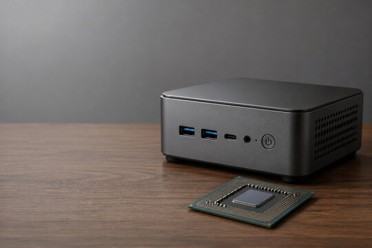 Mini PC with computer chip on desk, technology and compact computing concept