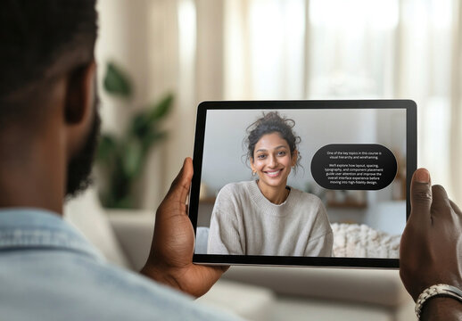 Black Man Holding Tablet Mockup PSD With Smiling Young Woman On Screen