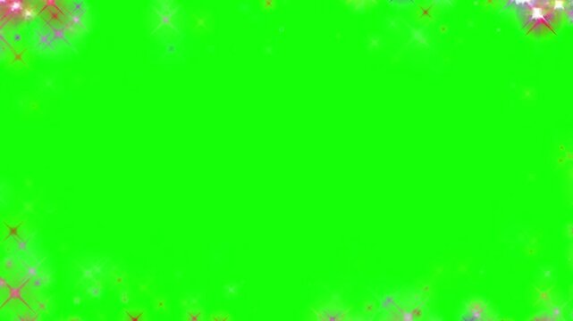 Glittering particle frame with colorful sparkles and star effects surrounds an empty green screen background.