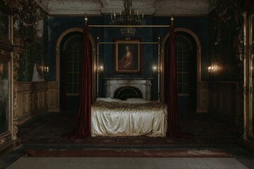 Naklejka premium Four-poster bed with satin bedding in a moody, ornate bedchamber featuring carved paneling and antique decor for luxury hotel campaigns